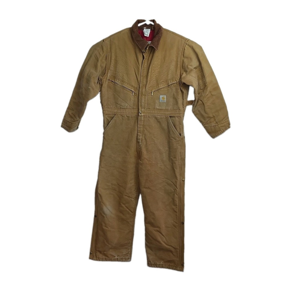 Carhartt Coveralls Men's 44 Short Brown Full Zip Long Sleeves Many Pockets Lined
